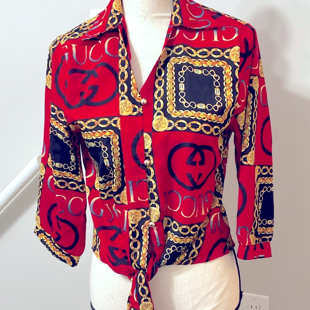 Women’s button down blouse with front tie, red/black/gold, size XL, EUC